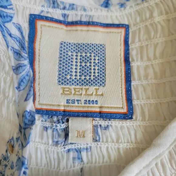 BELL Alicia Bell Sz M Blue White Top Boho Blouse Floral Cotton Silk Sequin Flowy - Picture 4 of 6